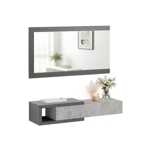 duehome Recibidor Suspendido Derek, Reversible, con Cajón y Espejo | Mueble de Entrada, Gris Grafito y Cemento, Tablones 3 cm, Interior Textil, Guías Metálicas, 95 x 25,2 x 19 cm