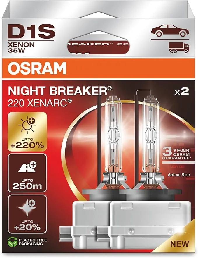 OSRAM XENARC NIGHT BREAKER 220, D1S, +220% más brillo, lámpara de faro de xenón, 66140XN2-2HB, Caja plegable (2 lámparas)