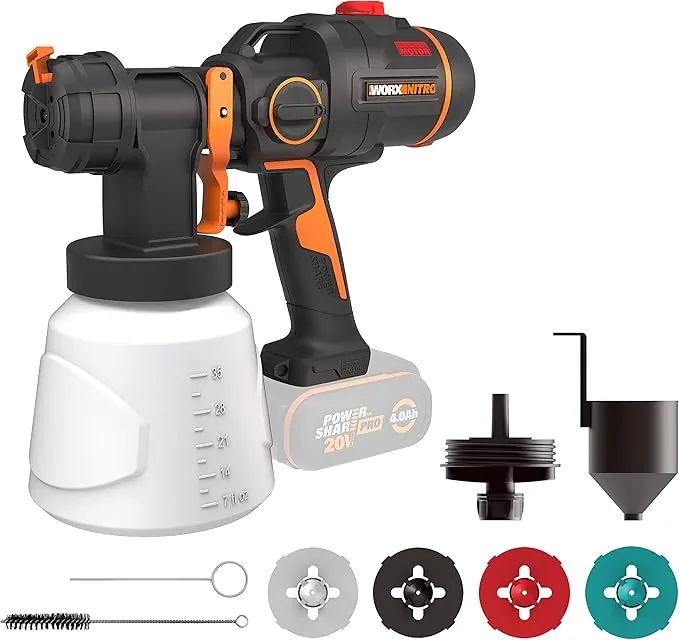 WORX WX020.9 Pulverizador de Pintura a batería - 20KPa, PowerShare, Boquillas para Pintar Distintos Materiales y pulverizado, Boquilla de Limpieza. Pintar sin mangueras ni Cables en la Obra o en casa
