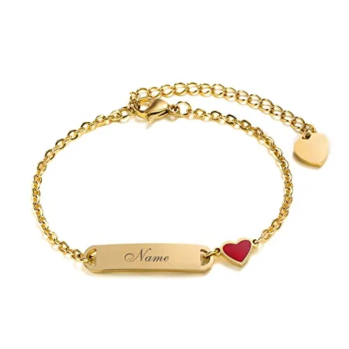 VNOX Pulsera Personalizada Para Niñas y Niños, Pulseras Personalizado para Hija, Brazalete para Niñas Grabable, Dije de Enlace Etiqueta de Corazón Nombre Dorado,Pulseras para Mujeres