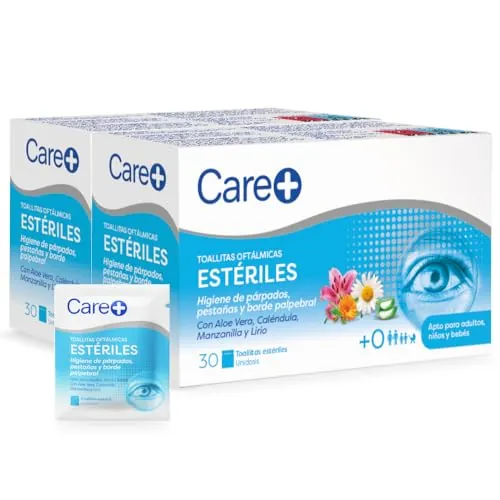 Care+, Toallitas Oftálmicas Estériles, Higiene de Párpados, Pestañas y Borde Palpebral, Con Aloe Vera, Caléndula, Manzanilla y Lirio, 60 Toallitas