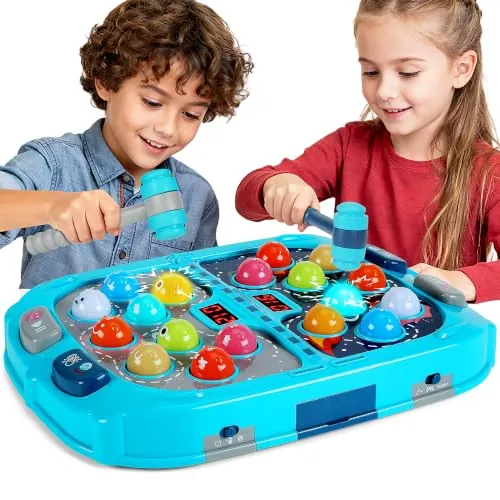 Guffawz Whack-a-Mole Game for Kids, Juego de Golpear Topos con 18 Objetivos Luminosos, 2 Martillos, 3 Modos, 9 Niveles, Luces y Sonido, Juguete para Niños +3 Años