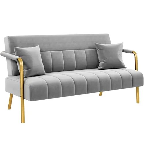 Yaheetech Sofá de 2 Plazas con Reposabrazos, Sofá de Tela de Terciopelo con Cojines Muy Cómodos, Soporta 272kg, para Salón, Dormitorof o Apartamento Pequeño, Gris Claro