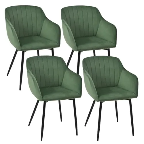 Goeurvant Pack de 4 Sillas de Comedor con Reposabrazos, Sillas Tapizadas de Terciopelo con Patas Metálicas, Modernas Sillón para Salón y Cocina, Verde Oscuro