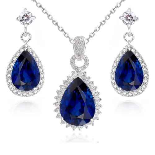 Crystalline Azuria Mujer 18ct Chapado en Oro Blanco Lágrimas Zafiro simulado Azul Zirconia Juego de joyas Collar Pendientes