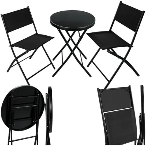 tectake® Conjunto Muebles Jardín Exterior 3 Piezas con Estructura de Acero, Mesa y Sillas Terraza Resistentes a Intemperie, Topes en Patas, Tela de Secado Rápido, Asas para Fácil Transporte - Negro