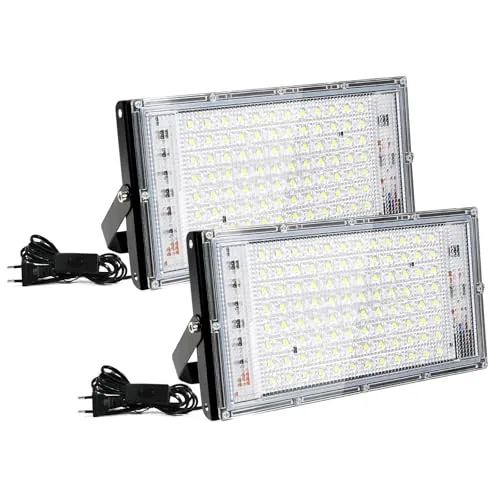 Fynokst Focos LED Exterior 100W, 2 Piezas Foco Proyector LED 10000LM Amarillo Cálido 3000K IP66 Impermeable para Jardín Garaje Terraza Campo
