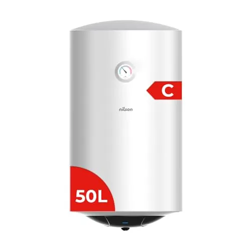 Nilson Termo Eléctrico Vertical 50 L NT5000. Instalación Vertical, 1500W, Incluye Kit de Montaje, Resistencia de Acero Inoxidable, Blanco, Eficiencia Energética Clase C