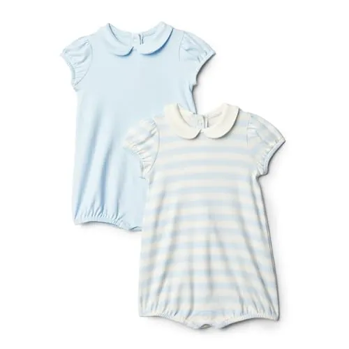 Amazon Essentials x Sofia Grainge Bebé-Niñas Pelele de Manga Corta de Algodón con Cuello Babero, Pack of 2, Azul Claro/Rayas 0-3 meses