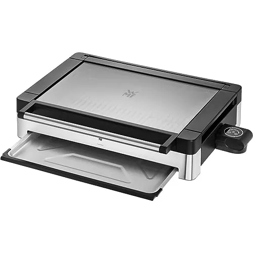 WMF Lono - Grill sobremesa con tapa de cristal y Barbacoa 2200 W, acero inoxidable mate, placa de parrilla recubierta, antiadherente