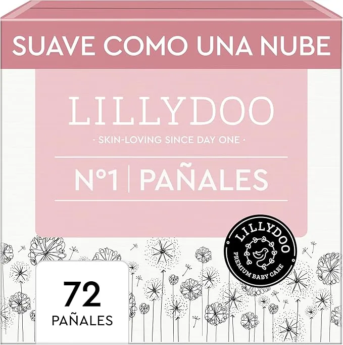 Pañales LILLYDOO delicados con la piel - talla 1 (2+ kg), caja de medio mes (72 unidades), protección contra fugas, suaves, sin perfumes ni lociones y dermatológicamente probados