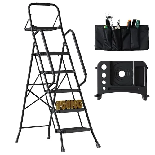 BONTEC Escalera Plegable de 5 Escalones con Bolsa y Bandeja, Pedales Anchos Antideslizantes, hasta 150 kg, con Pasamanos para Cocina, Despensa, Armarios y Garaje, Negra