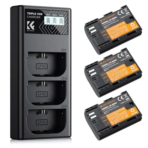 K&F CONCEPT LP-E6NH 3 Pack 2250mAh Batería y Cargador de 3 Ranuras Compatible con Canon EOS R7, R6, R5, 5D Mark II/III/IV, 6D, 6D Mark II, 7D II, 90D, 80D y 70D