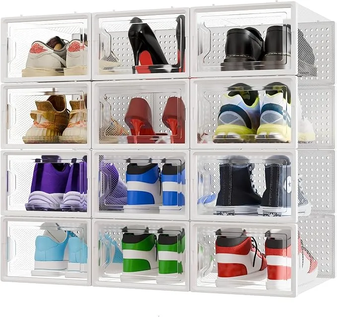 Cajas de Zapatos Transparentes Apilables – Pack 12 - Zapatero Plástico con Apertura Frontal, Ventilación y Sistema Antivuelco – Organizador de Zapatos de Fácil Montaje