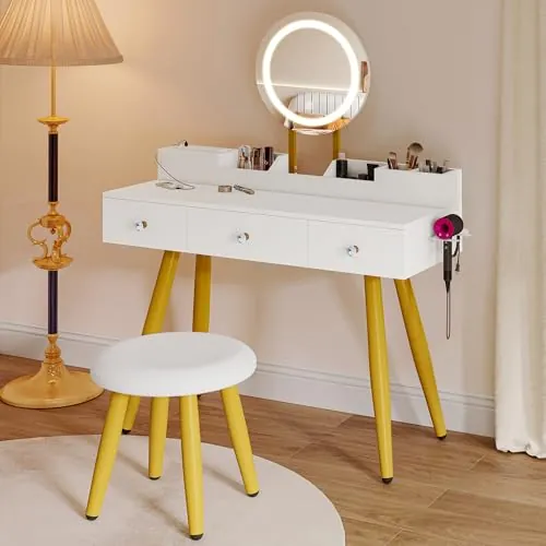 Tocador con iluminación,Cajones de Tela Tocador con cajones de Espejo Brillo Ajustable,Tocadores con Puertas, Mesa de Maquillaje con Estante para Joyas, estantes Ajustables, Color Madera