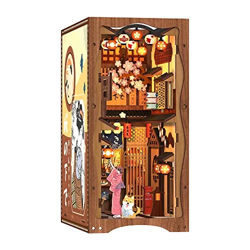 CUTEBEE DIY Book Nook Kit - Casa de muñecas en Miniatura de Madera con Muebles y Luces LED, Decoración de inserción de estantería Creativa, Under The Sakura Tree