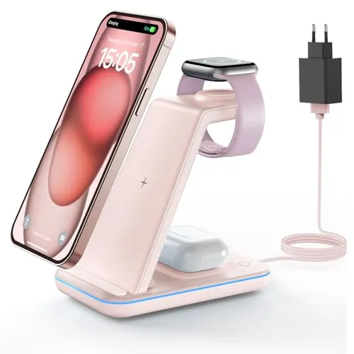 GEEKERA Estacion de Carga para Apple, Cargador Inalambrico 3 en 1 para iPhone Air/17/16/15/14/13/12/11/X/8, Base Cargador para Apple Watch Ultra/11-2/SE, Carregador sem fios para AirPods Pro-2, Rosa