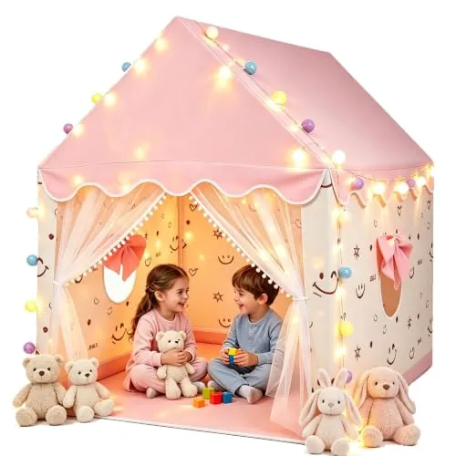eSynic Tienda Campaña Infantil Casita Infantil Exterior Tienda de Juego para Niños con Toldo Tienda de Juegos Interior y Luces Rincón Acogedor para Niños Playhouse Infantil Casa de Juegos
