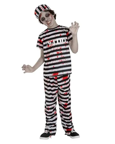 Funidelia Disfraz de prisionero zombie para niño, Incluye pantalón, camiseta y gorro, Talla 10-12 años, Muerto Viviente - Traje para niños para fiestas, Carnaval y Halloween