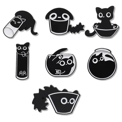 Ztolbriy Broches Esmaltados con Diseño de Gato - Set de 7 Pins de Gato Negro para Mujeres y Niñas, Anstecker Bonliche, Verspieltes Pin, Colección de Insignias de Esmalte Zinc para Mochilas