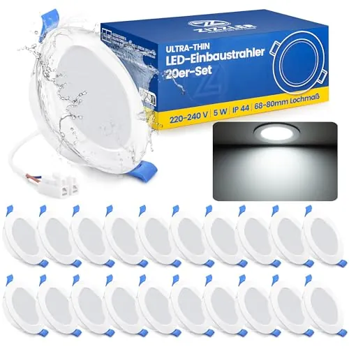 ZIZZLER Downlight Led Techo Empotrable, 6000K Blanco Frio Redondo 5W IP44, Corte 68-80mm, Foco Empotrable Led Interior Techo, Luces Ojos De Buey LED, Para Baño, Cocina, 220V-240V, Pack 20