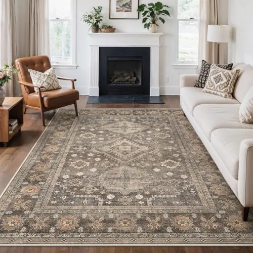 Alfombra Lavable Antideslizante para Sala Grande 200x290cm, Black&brown | Alfombra Boho sin Peluche, Suave para Cocina,Sala, Comedor, Balcón y Salón