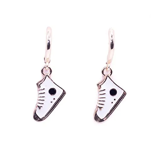 ZARZAMORA Pendientes Niña Aros Chapados en Oro de 14K- Pendientes Colgantes Divertidos Esmaltados en Forma de Zapatilla Deportiva-Cierre Fácil- Regalo Original (Blanca)