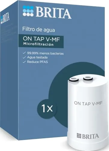BRITA ON TAP V-MF filtro agua de recambio para sistemas ON TAP y ON TAP PRO | 1x cartucho de recambio original (600L) reduce 99,999% de bacterias, PFAS, cloro, micropartículas y metales