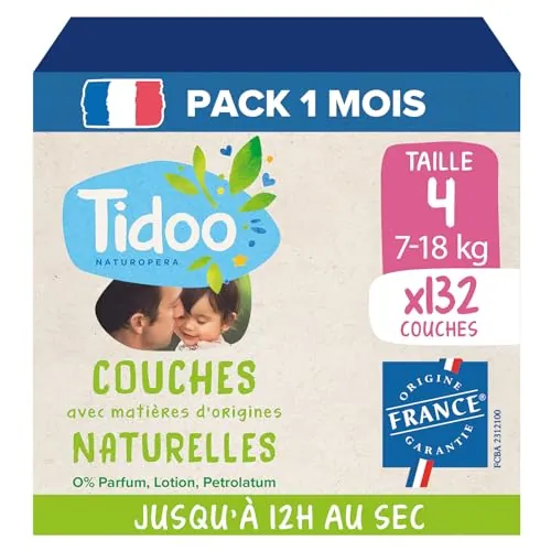 TIDOO – Pañales talla 4 (7-18 kg) – Origen natural, libre de sustancias nocivas – 12 horas secas, ultra absorbentes – Fabricado en Francia – 132 capas desechables – Paquete de 1 mes