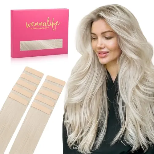 WENNALIFE Extensiones Adhesivas Pelo Natural, Rubio Platino 50cm 30g 10 Piezas Extensiones de Remy Pelo Natural Cabello Humano Mechas Pelo Lacio Invisible para Niñas Mujeres Trenzas
