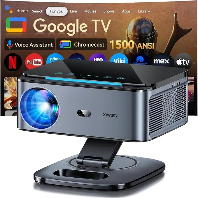 Proyector【1500 ANSI/Google TV/Auto Focus】 XIWBSY Proyector Portatil 38000 Lúmenes, Gira 360 °, WiFi 6 Bluetooth 5.3, Control por Voz, Soporte 4K 1080P, Proyectores Video Cine En Casa/Exterior Netflix