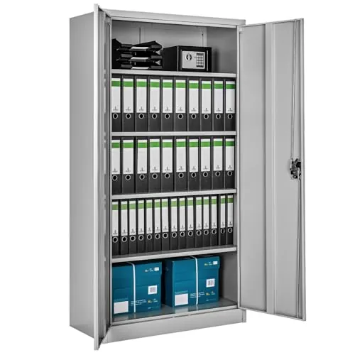 tectake® Armario Archivador Oficina en Acero 180x90x40 cm, Armario Exterior e Interior con Cerradura, Armario Multiusos con 2 Puertas, 4 Estantes Ajustables y 5 Alturas, Fácil Montaje - Gris