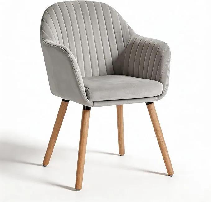 WOLTU 1x Silla de Comedor Nordica Estilo Vintage, Tapizada con Reposabrazos en Terciopelo, Estructura de Madera Silla de Escritorio Gris Claro