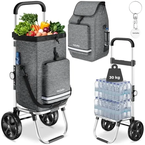 tectake® Carro de la Compra Plegable 3 en 1, Trolley, 56 L, Carrito Compra, Estructura de Aluminio, Bolsa Termica, Supermercado, Carro Plegable con Ruedas Silenciosas - Gris