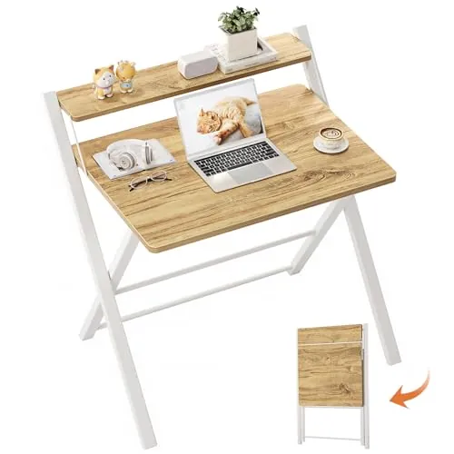 GreenForest Escritorio Plegable Sin Montaje con Estante para Monitor, 63 cm, Beige