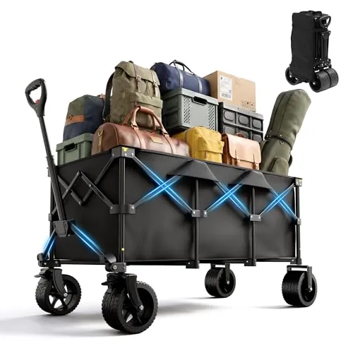 RYGEO Carrito Plegable 200L con Ruedas, Mango Telescópico, Capacidad De Carga hasta 200 kg, para Compras, Camping, Jardín, Playa Y Actividades Al Aire Libre, Negro