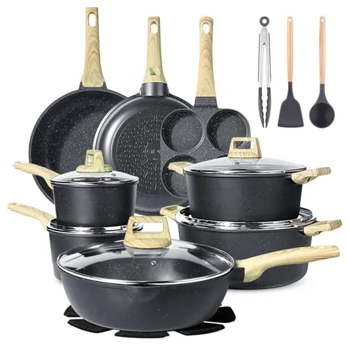 GiPP 22 Piezas Inducción Juego de Sartenes - Juego de Sartenes y Cacerolas con Revestimiento Cerámico Antiadherente, Batería de Cocina sin Tóxicos, Apta Para Diferentes Tipos de Cocinas, Gris