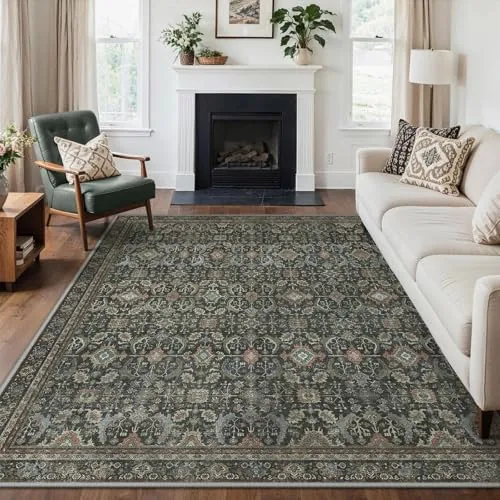 GENIMO Alfombra Persa Rosa para Salón, Alfombras Lavable y Antideslizante, Vintage de Pelo Corto para Dormitorio, Pasillo o Comedor, Decoración Moderna, 200X290CM, Negro
