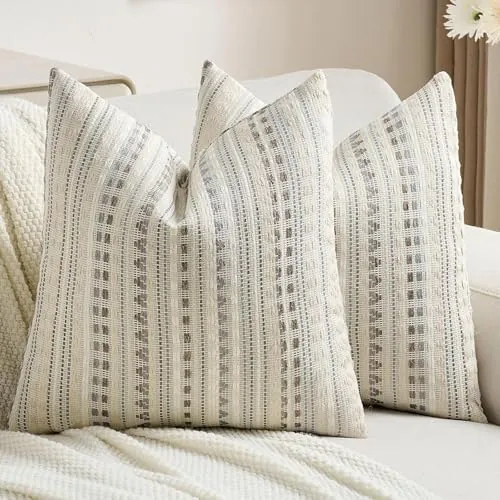 Ystyle Funda Cojin 60x60 (Pack de 2 Unidades), En Suave Tejido de Chenilla Funda Almohada, con Rayas Decorativas de Estilo Rústico, Apta para Sofás de Salón, Gris Blanco