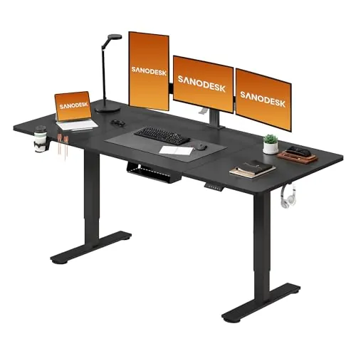 SANODESK 180 x 80 cm Escritorio Elevable Eléctrico con Tablero Escritorio Regulable en Altura Eléctrico Telescópico Bidireccional con Control de Memoria y Tecnología Anticolisión (Negro)