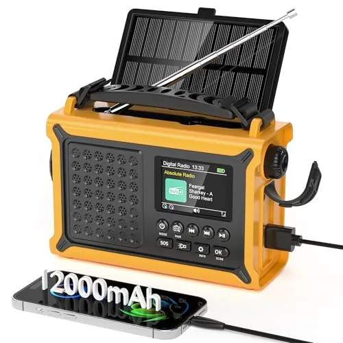 Radio de Emergencia con Panel Solar Grande, Radio Portátil con Manivela, Pantalla Grande a Color de 2,4", 12000 mAh Batería, Despertador Doble, Linterna LED y Luz de Lectura para Acampar al Aire Libre