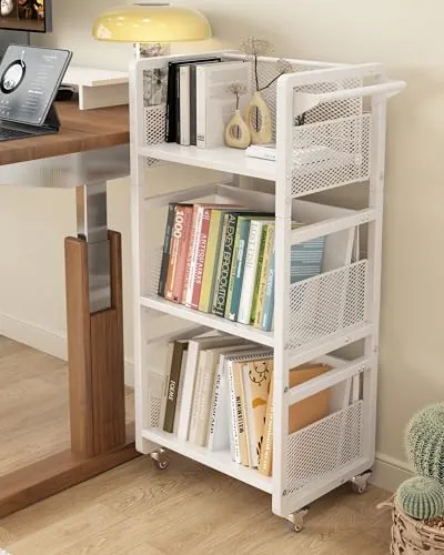 Noskox Estantería de Libros Móvil con Ruedas, Carrito Metálico 3 Niveles