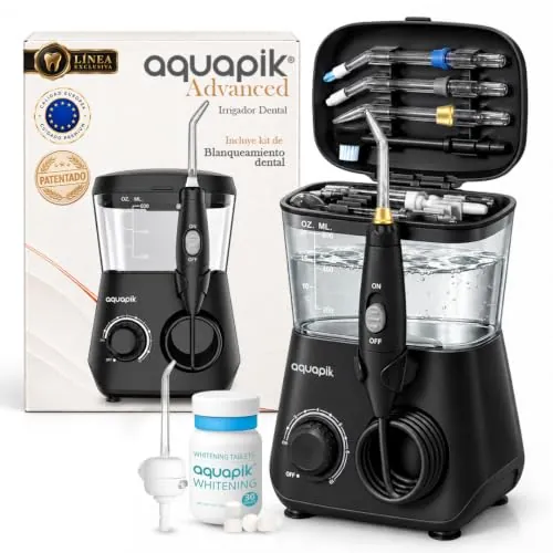 Irrigador dental con cápsulas blanqueadoras Aquapik Advanced – elimina manchas y placa, 10 boquillas, 10 niveles de presión, ideal para ortodoncia, implantes y encías sensibles, cuidado bucal premium