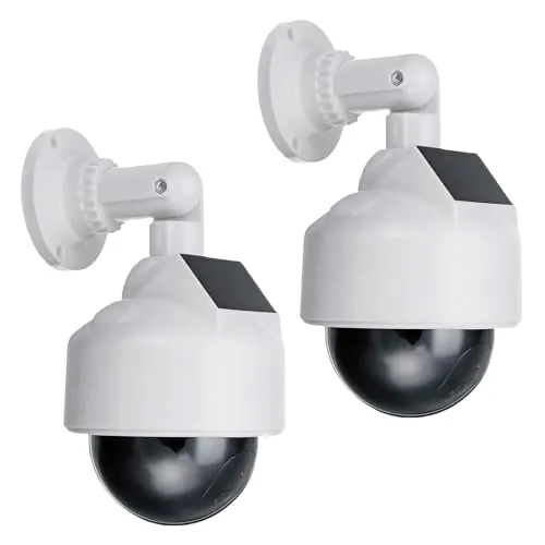 GOMETY 2 cámaras falsas de vigilancia con LED parpadeantes rojos, cámara de vigilancia falsa para interior y exterior (blanco)