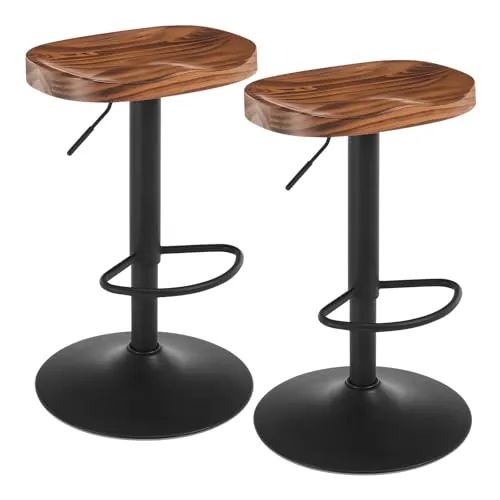 WOLTU 2X Taburetes Altos de Cocina, Regulable en Altura，Marrón Vintage | Giratorio con Reposapiés, Asiento de Madera, para Zona de Bar, Cocina, Base Metalico