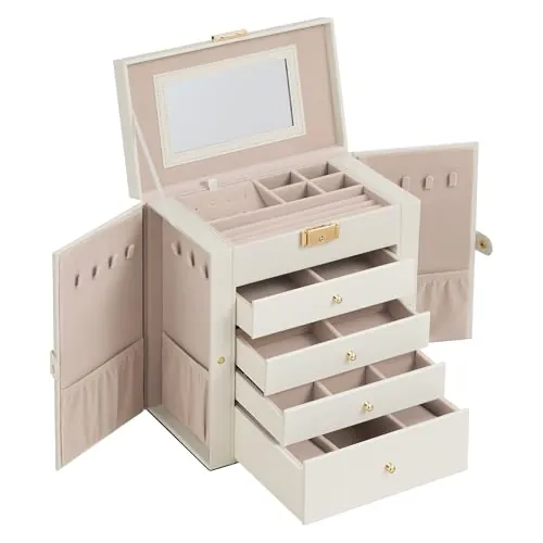 SONGMICS Caja Joyero de 5 Niveles, Caja para Joyas con 4 Cajones, Gran Espacio, Interior con Espejo, Cerradura, Almacenaje de Joyas, Regalo para Seres Queridos, para Relojes, Blanco Crema JBC153WD03