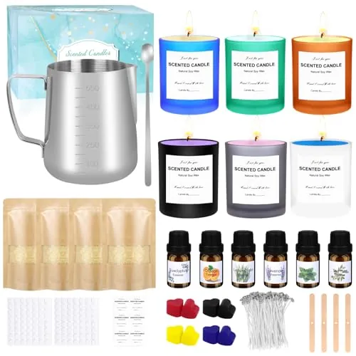 Kit para hacer velas caseras,set regalo aromáticas con 6 frascos vidrio,500g cera abeja,recipiente resistente calor,aceites aromáticos,8 bloques color,cuchara remover,soporte mechas,mechas