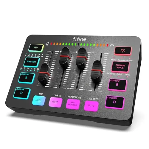 FIFINE Mezclador de Audio, RGB Streaming Gaming Audio Mixer PC con Interfaz de XLR, Gaming Audio Mixer con Control Individual, Control de Volumen, Botón de Silencio, Alimentación Phantom de 48V