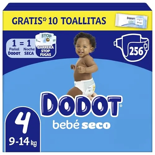 Dodot Pañales Bebé-Seco, Talla 4 (9-14 kg), 256 Pañales + 1 Pack de 10 Toallitas Regalo de Aqua Plastic Free, Una Noche Hasta Un 100% Libre De Fugas, Pack Mensual