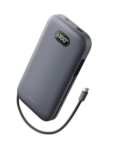 Belkin UltraCharge Pro Batería Externa Carga Rápida 27000mAh, Power Bank Con Cable USB C Integrado, USB PD De 240 W y USB A, Batería Portátil para MacBook Pro, iPhone, iPad, Galaxy, Pixel, Gris Carbón